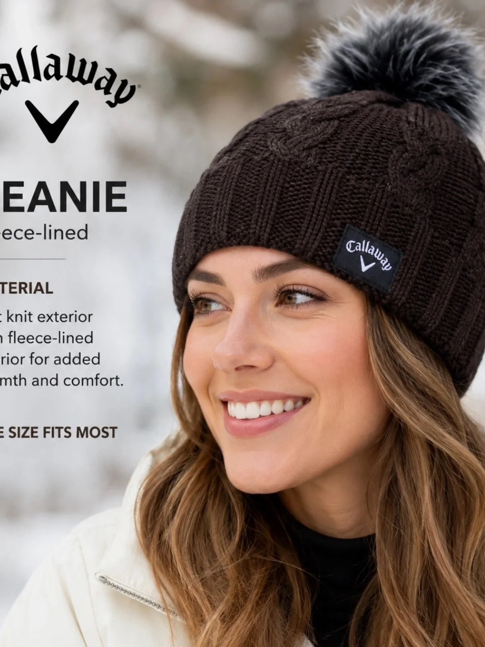 Callaway Brown Cable Knit Pom Beanie with Faux Fur Pom